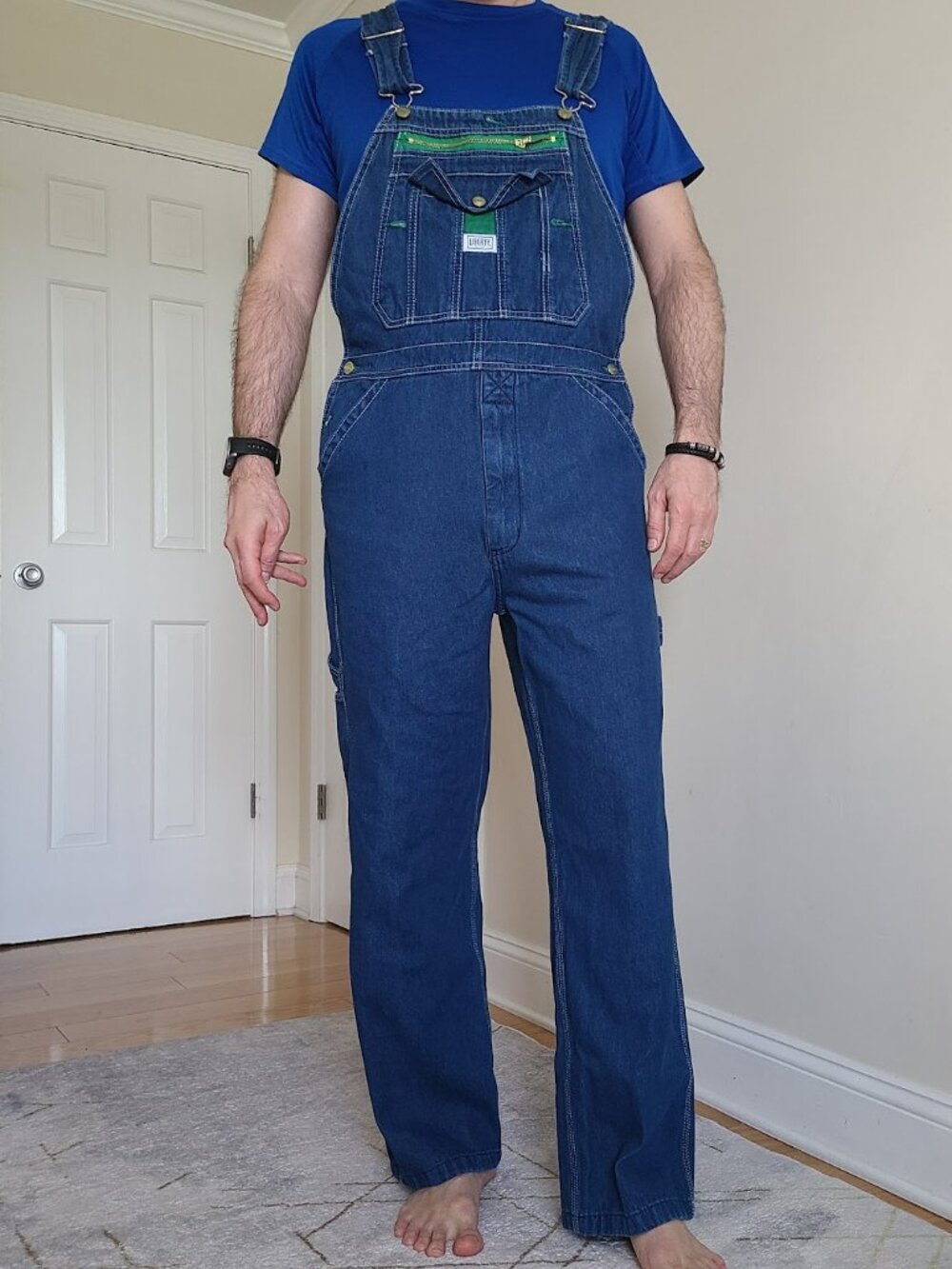 Liberty Denim Bib Overalls Mens 32x30 Blue Carpenter Workwear Cotton Green Trim